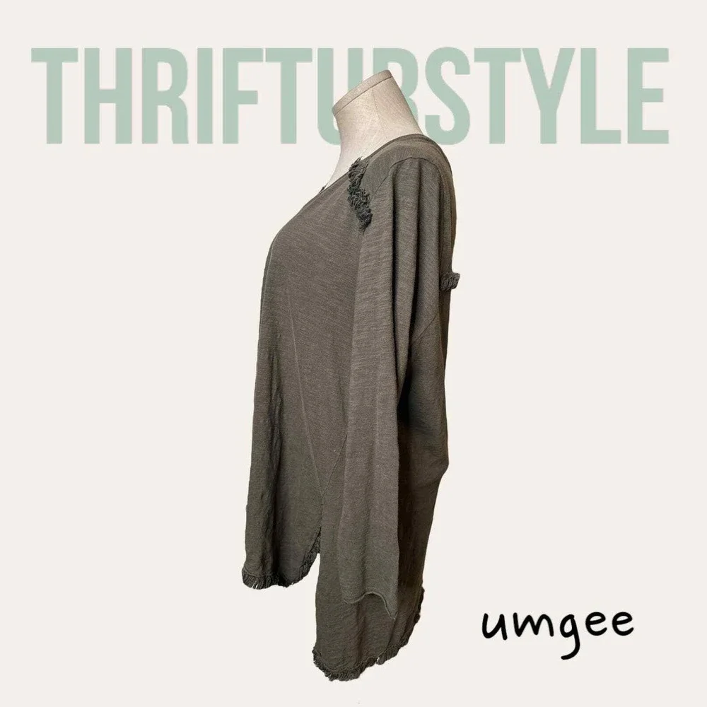 Umgee Tunic Top Olive Green Long‎ Sleeve Fringed Hem Detail Casual Comfy - Picture 2 of 6